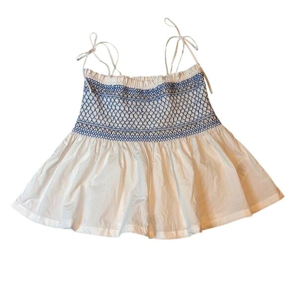 NWT J.Crew White Smocked Peplum Top XS Tie-Strap Blue Embroidery Poplin - Picture 4 of 8